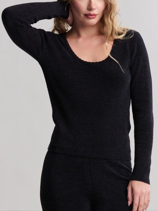 Barefoot Dreams Sweaters - Barefoot Dreams CozyChic Ultra Lite Black Ribbed Scallop Neck Sweater Size Small
